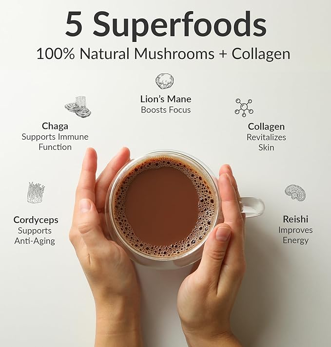 BiOptimizers Mushroom Coffee Alternative – Chocolate Drink – Lion’s Mane, Chaga, Reishi + Collagen Peptides for Focus, Energy & Gut Health – Adaptogenic Mushrooms & MCT Powder – 15 Servings
