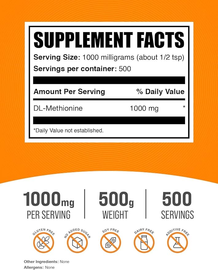 BulkSupplements.com DL-Methionine Powder - Methionine Supplement - Amino Acids Supplement - Choline Supplement - Amino Acid Nutritional Supplements (500 Grams - 1.1 lbs)