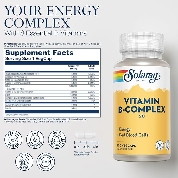 Solaray Vitamin B Complex 50mg B12, B6 B6 and 100 VegCaps