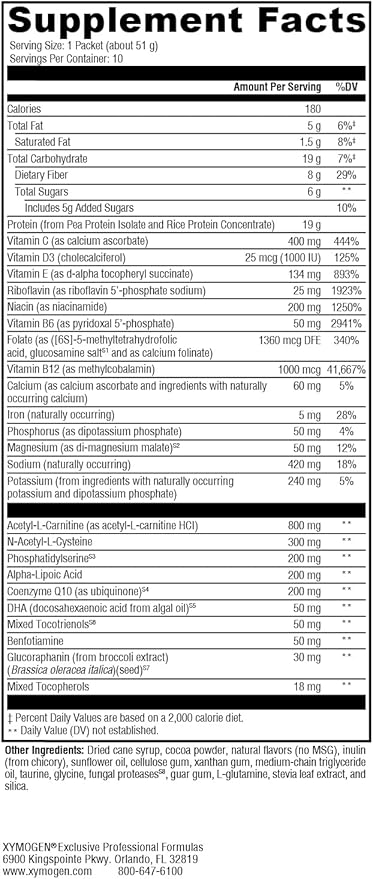 XYMOGEN BrainSustain Powder - Memory + Brain Support Drink with 19g Pea Protein, B Vitamins, Minerals, Amino Acids, Phosphatidylserine, DHA + CoQ10 - Creamy Chocolate (10 Packets)