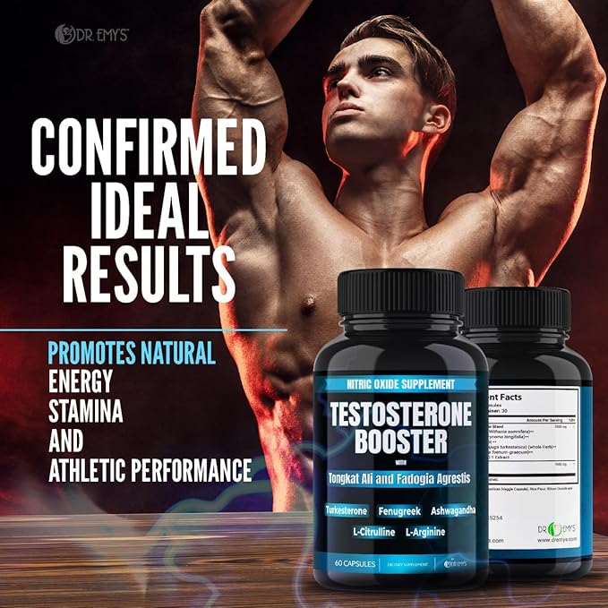 Dr. Emy's (2 Pack Testosterone Booster-Tongkat Ali Fadogia Agrestis Nitric Oxide Ashwagandha Supplement for Men with L Arginine Citrulline Fenugreek - Turkesterone Pre Workout Pump (120 Capsules)