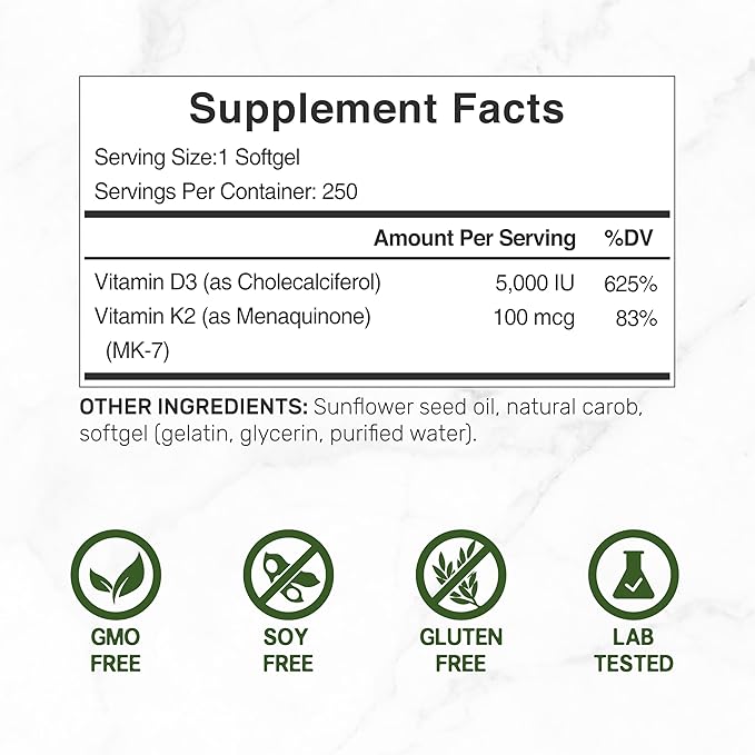 DEAL SUPPLEMENT 2 Pack Vitamin D3 5,000 IU + K2 MK7 Softgels, 500 Count | 2-in-1 Complex | Supports Heart, Bone, Teeth & Immune Health | Easy to Swallow