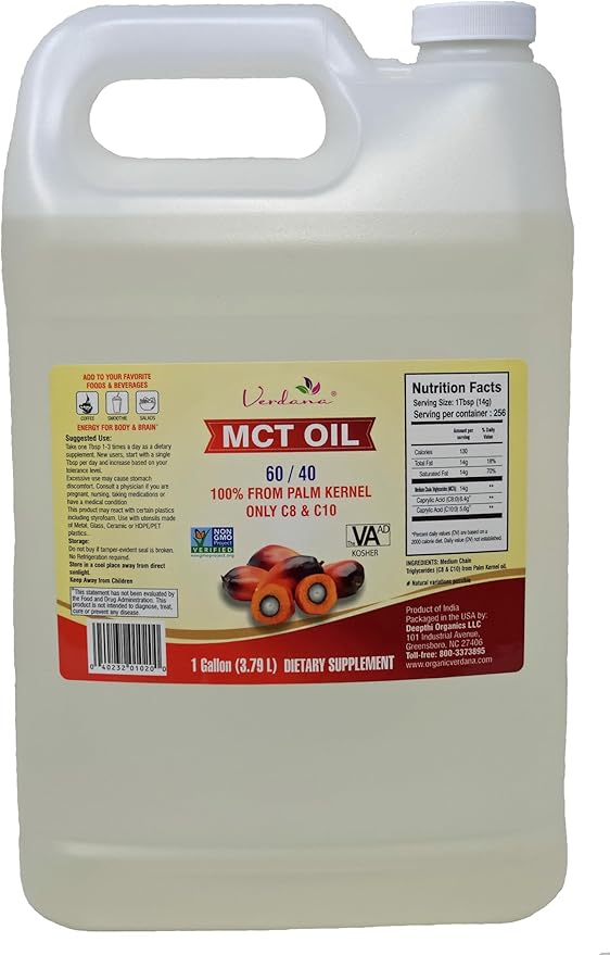 Verdana MCT Oil – Palm Kernel Derived – Kosher Food Grade – Vegan – NON GMO– Used for Keto, Paleo, Sports Nutrition, Aromatherapy, Massage, Ayurvedic Oil Pulling Oral Rinse Mouthwash – (1 Gallon)