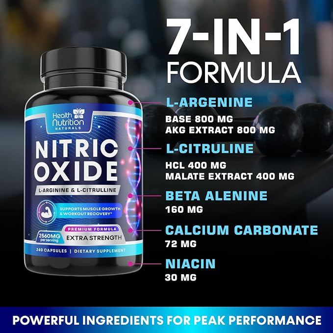 Extra Strength Nitric Oxide Supplement L Arginine 3X Strength - Citrulline Malate, AAKG, Beta Alanine - Premium Muscle Supporting Nitric Booster for Energy & Strength to Train Harder - 240 Capsules