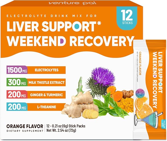 Venture Pal Liver Cleanse Detox & Repair, Liver Support with Milk Thistle + Ginger & Turmeric + L-Theanine + 5 Vitamins & 7 Electrolytes, Rapid Rehydration & Weekend Recovery Powder Packets, 12 Sticks
