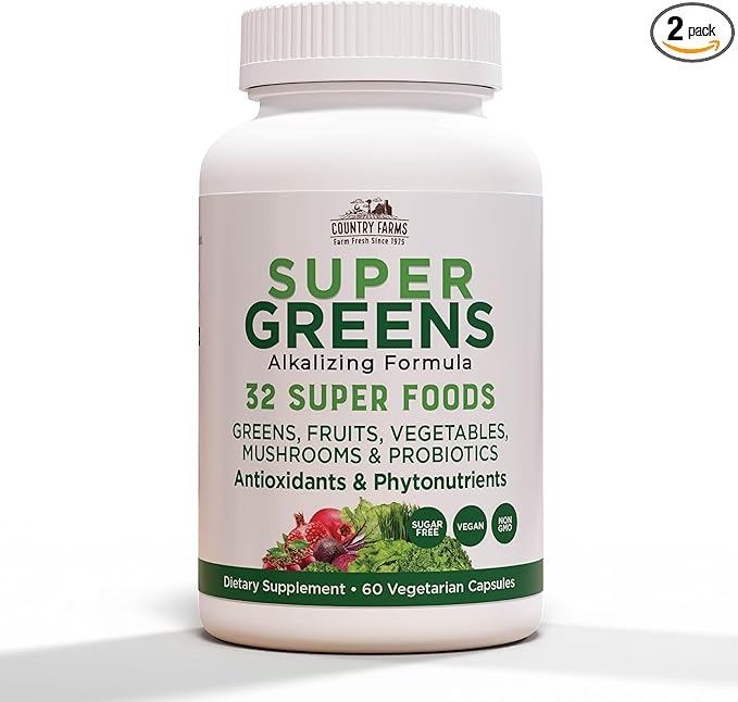 COUNTRY FARMS Super Greens Vegicaps, 32 Super Foods, Whole Food Supplement, Greens, Fruit, Vegetables, Mushrooms & Probiotics, Rich in Antioxidants & Phytonutrients, 120 Count, 60 Servings