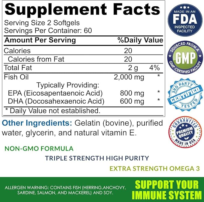Omega 3 Burpless Max Strength Fish 2000 mg 800 mg 600 mg 120 Small