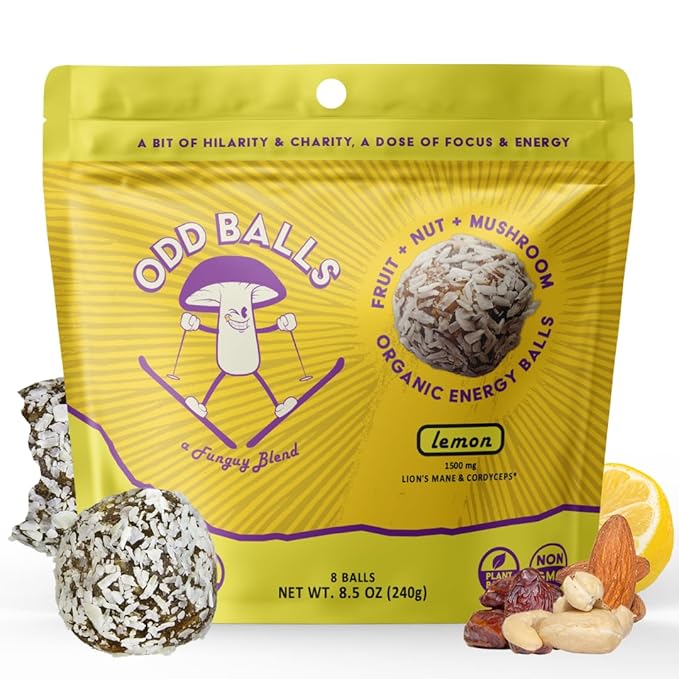 ODD BALLS Organic Energy Balls Lemon - Superfood Mushroom Snack - Running, Cycling, Hiking - Gels, Bars Alternative - Lion's Mane Focus, Cordyceps Energy - Vegan, Gluten Free Snacks for Kids & Adults