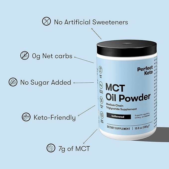 Perfect Keto 7g MCT Oil Powder, Medium Chain Triglycerides Supplement, Non Dairy Coffee Creamer for Keto Diet, Ketogenic MCT Oil Mix for Coffee, Smoothie, Protein Shakes, Tea, Unflavored, 30 Servings