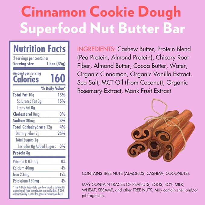 B.T.R. Bar Superfood Keto Protein Bars, Plant Based Vegan Protein, Low Carb Food, Low Calorie, Gluten Free, No Sugar Alcohols, Boosted with Superfoods (4 Pack) (Cinnamon Cookie Dough ENERGY)