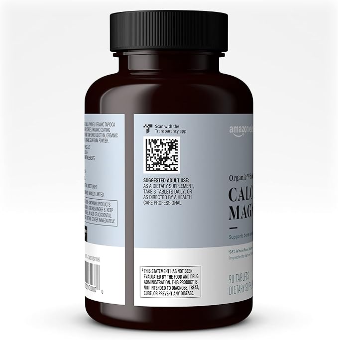Amazon Elements Organic Whole Food Calcium & Magnesium, 90 Tablets (Pack of 4)