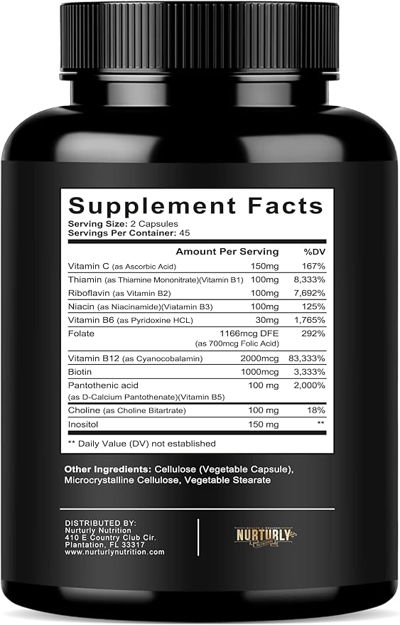 Vitamin B Complex with Vitamin C B1, B2, B2, B3, B3, B5, B5, B6, B6, B7, B7, B9, B9, B12 B12 and 90 Capsules