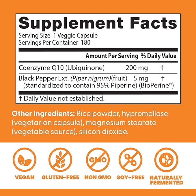 Doctor's Best High Absorption CoQ10 with BioPerine, Heart Health and Energy Production, Naturally Fermented, Non-GMO, Gluten & Soy Free, Vegan, 200 mg, Veggie Caps