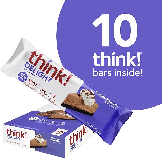 think! Delight, Keto Protein Bars, Healthy Low Carb, Gluten Free Snack - Chocolate Mousse Pie, 10 Count (Packaging May Vary) (Pack of 2)