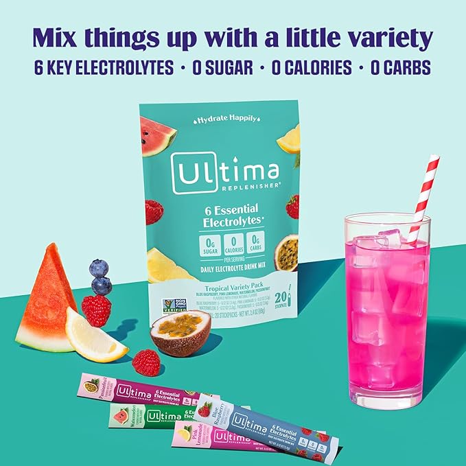 Ultima Replenisher Daily Electrolyte Powder Drink Mix – Tropical Variety, 20 Stickpacks – Hydration Packets with 6 Electrolytes and Minerals – Keto Friendly, Non-GMO and Sugar-Free