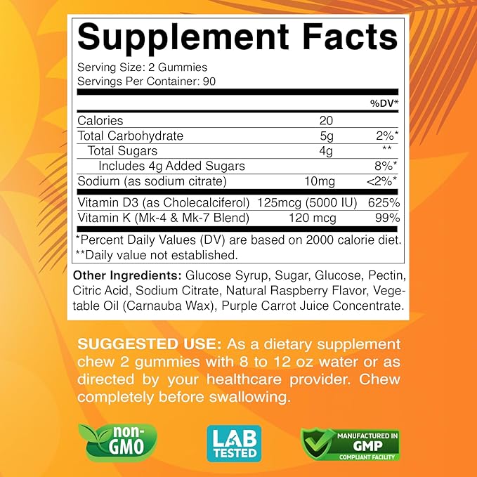 Vitamin D3 + K2 Gummies – Bone & Heart Health Support – 180 Pectin-Based Vegan Gummies
