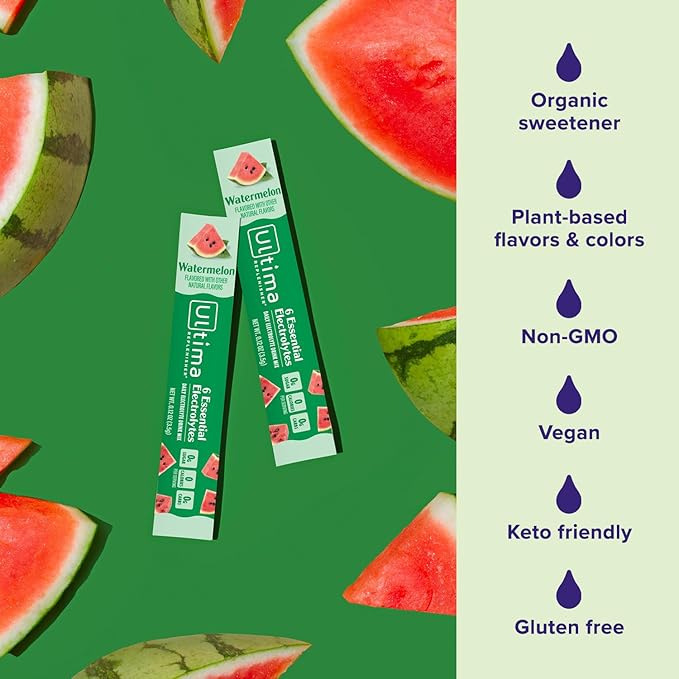 Ultima Replenisher Daily Electrolyte Powder Drink Mix – Watermelon, 20 Stickpacks – Hydration Packets with 6 Electrolytes and Trace Minerals – Keto Friendly, Vegan, Non-GMO and Sugar-Free