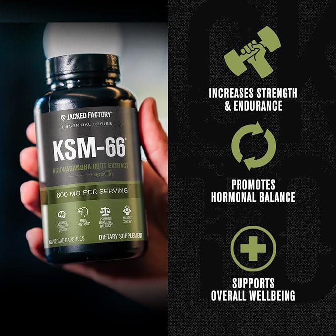Jacked Factory Ashwagandha Root Extract (KSM-66 Ashwagandha) w/ 5% Withanolides - Supplement for Natural Stress Relief, Cognitive Function, Vitality, and Mood Support - 60 Veggie Capsules