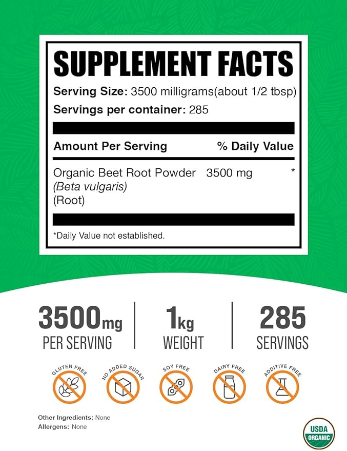 BulkSupplements.com Organic Beet Root Powder - Beet Powder Organic, Beetroot Supplement - Superfood Supplement, Vegan & Gluten Free - 3500mg per Serving, 1kg (2.2 lbs) (Pack of 1)