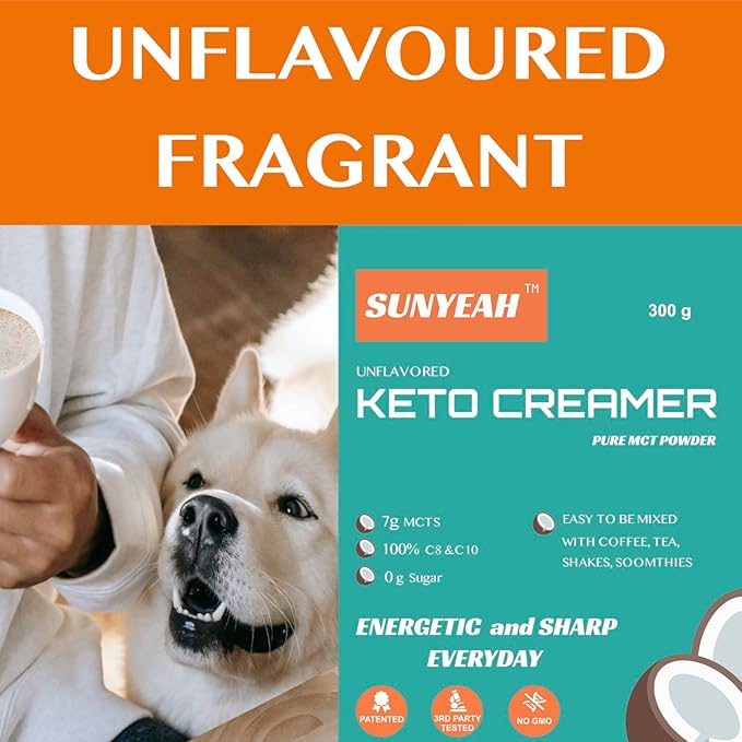 SUNYEAH MCT Powder- MCT Oil Powder, KETO Coffee Creamer, Pure C8 C10, No-Sugar, From coconut, 300 g, Excellent in Coffee, Tea, Water, Shakes, Smoothies, Unflavoured, No-GMO