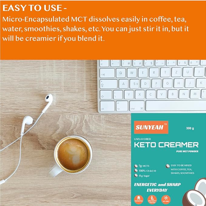 SUNYEAH MCT Powder- MCT Oil Powder, 600 g, KETO Coffee Creamer, Pure C8 C10, No-Sugar, From coconut, Excellent in Coffee, Tea, Water, Shakes, Smoothies, Unflavoured, No-GMO (2)