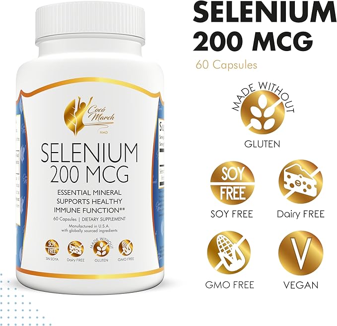 Coco March Selenium - Essential Mineral for Thyroid Health -200 mcg- 3 Month Supply -Gluten Free, Soy Free, Dairy Free, GMO Free, Vegan - 90 Capsules