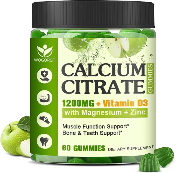 Calcium Citrate 1200mg with Vitamin D3 Supplement for Women and Men - Chewable Calcium Magnesium Zinc D3 K2 Gummies Supplement for Bone, Teeth, Immune Support, Apple Flavor - 60 Gummies