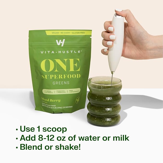 VitaHustle ONE Superfood Super Greens Powder with Prebiotics + Probiotics, Reduce Bloating, Detox, Gut Health, Spirulina, Chlorella, Digestive Enzymes (Berry Flavor, 25 Servings)