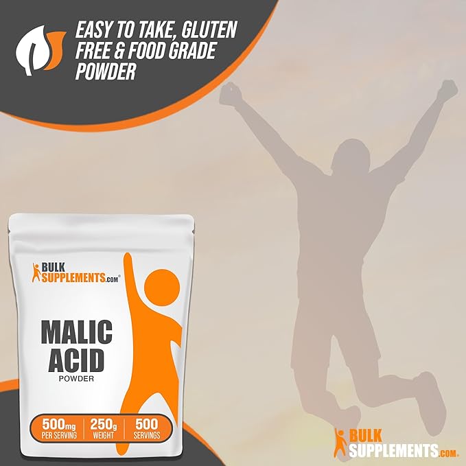 BulkSupplements.com Malic Acid Powder - Malic Acid Supplement, Malic Acid Powder Food Grade - for Energy & Skin Support, Gluten Free - 500mg per Serving, 250g (8.8 oz)