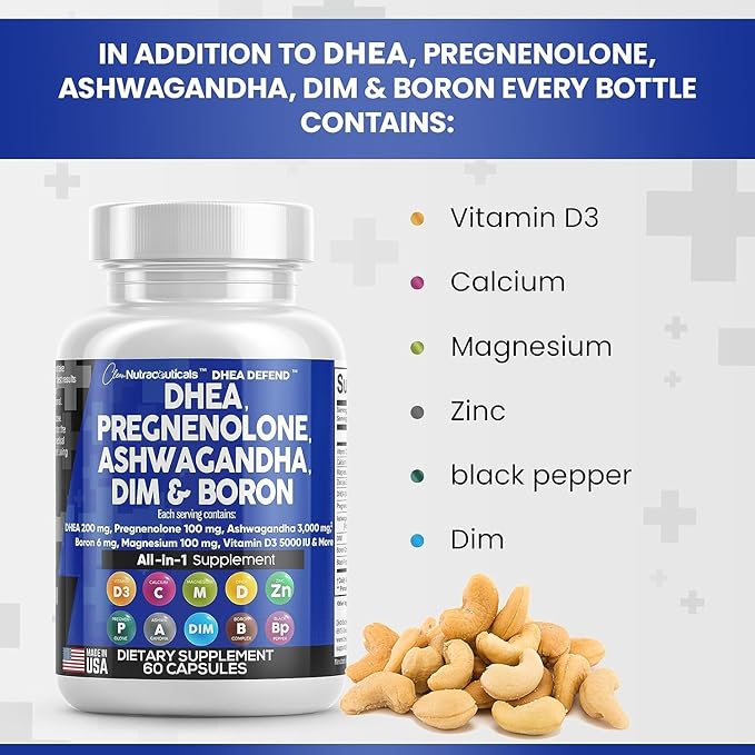 DHEA 200mg Supplement Pregnenolone 100mg 3000mg Boron 6mg Complex 50mg Vitamin D3 5000 5000 iu 60 Ct