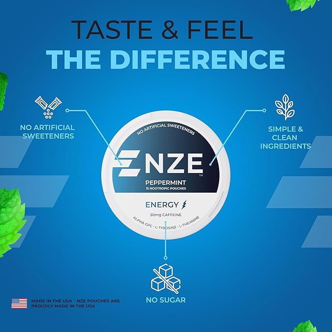 NZE Caffeine Nootropic Pouches (Peppermint) - Nootropic Energy Pouches with 50mg Caffeine, Alpha GPC, L-Tyrosine & L-Theanine with No Sugar or Artificial Sweeteners - 15 Nicotine Free Pouches Per Can