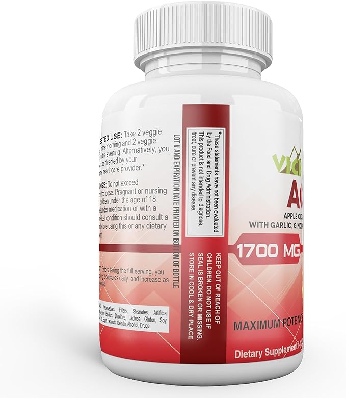 Vicksson Apple Cider Vinegar Pills 1700 mg of ACV with Garlic, Ginger, Lemon & Honey for Weight, Detox, Cleanse, Appetite, Bloating, Metabolism & Immune Support | 120 Capsules