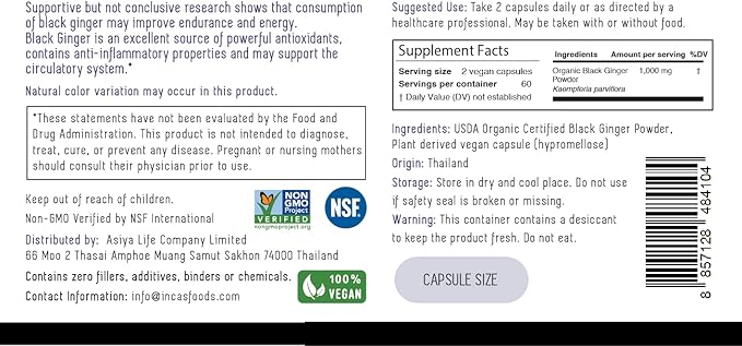 INCAS Organic Black Ginger 120 Vegan 500mg Each