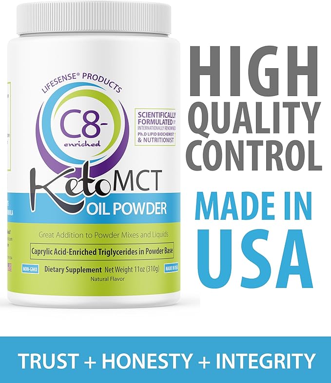 LifeSense C8 enriched MCT Oil Powder Unflavored Sourced from Coconut Oil, Keto-Friendly, Developed by PhD Nutrition in USA, Optimal Fuel for The Brain and Body