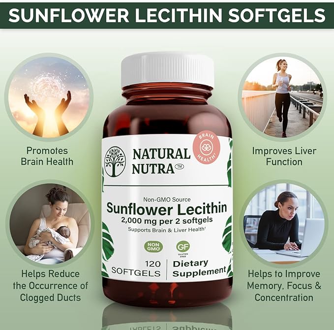 Natural Nutra Sunflower Lecithin 2000 mg Supplement – Soy Free, Non-GMO, Gluten-Free 120 Softgels | Liver Function Support, Brain Health Booster, Memory & Focus Enhancement