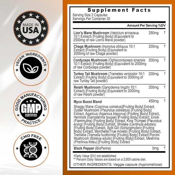 Lions Mane Mushroom 3000mg Turkey Tail 2000mg Chaga & Reishi 1000mg Cordyceps Shiitake White Elm King Trumpet Nameko Oyster Focus & Energy - Made in USA 60ct