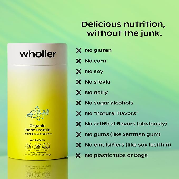 wholier Organic Plant Protein + Prebiotics. 21g of 5g of
