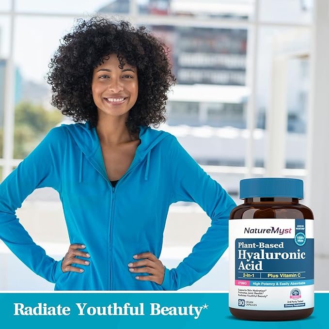 Hyaluronic Acid Supplement, with Vitamin C, 250mg Plant-Based HA, 90 Vegan Caps, for Joints, Skin & Eyes, Collagen Production, Easily Absorbable