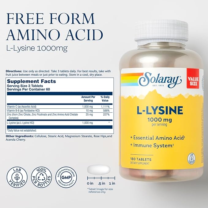 SOLARAY L-Lysine, Free-Form 1000 mg, Essential 1,000 mg 25 mg, 60-Day Guarantee, 60 Servings, 180 Tablets