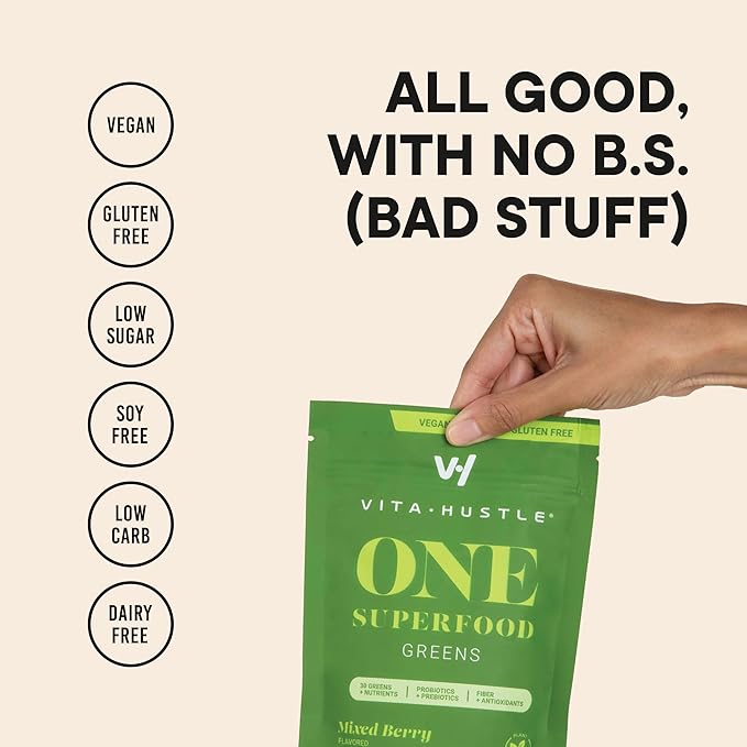 VitaHustle ONE Superfood Super Greens Powder with Prebiotics + Probiotics, Reduce Bloating, Detox, Gut Health, Spirulina, Chlorella, Digestive Enzymes (Berry Flavor, 25 Servings)