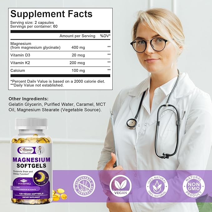High Absorption Magnesium Glycinate 400mg Softgels 400 mg 100mg Calcium D3 & K2, for