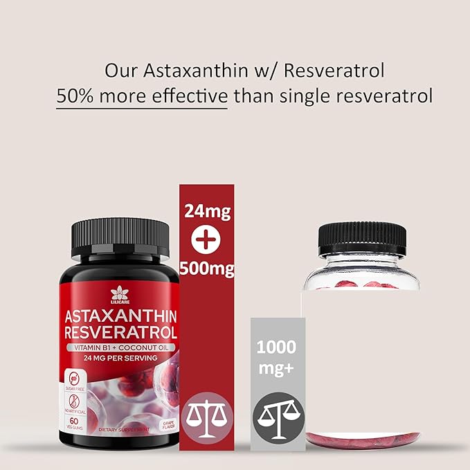 Sugar-Free Astaxanthin 24mg Gummies with Resveratrol 500mg, Powerful B1, Coconut 60 Count,