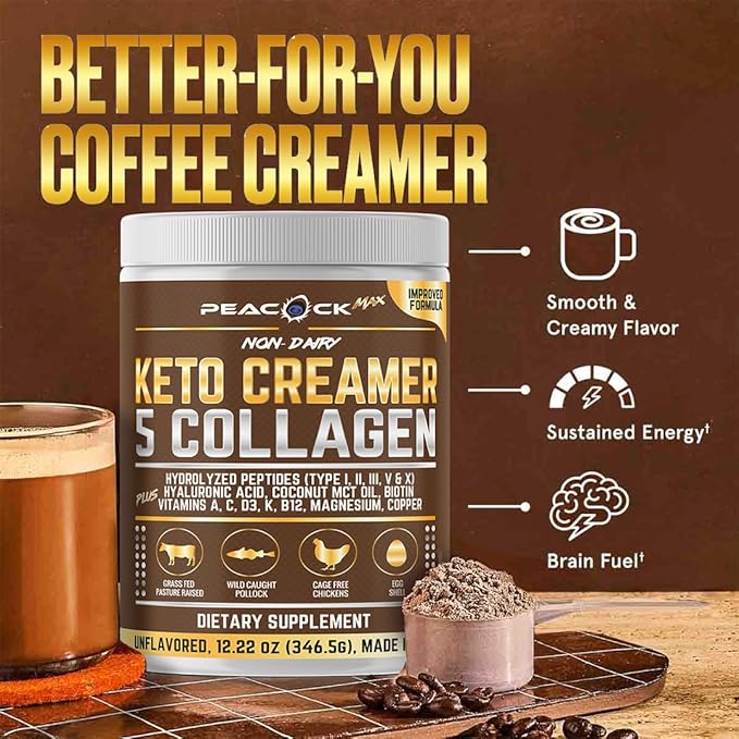 Peacock Max Collagen Keto Creamer Powder, Coconut MCT, Peptides, 12.22 oz, Unflavored, Hydrolyzed, B12, Magnesium (12.22 Ounces (Pack of 1))