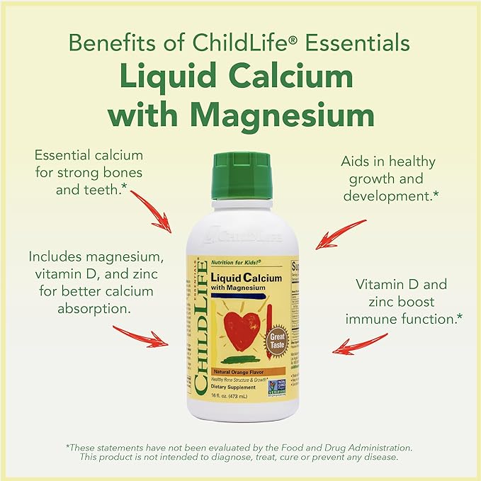 ChildLife Essentials Liquid Calcium Magnesium Supplement - Supports Healthy Bone Growth for Children, Contains Calcium, Magnesium, Zinc, & Vitamin D3, All-Natural, Gluten Free & Non-GMO - Natural Orange Flavor, 16 Ounce Bottle