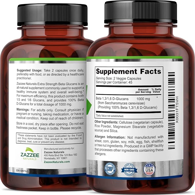 Zazzee Extra Strength 1,3/1,6 Beta Glucans, 1000 mg, 100% Concentrated, 90 Vegan 100% Vegetarian,
