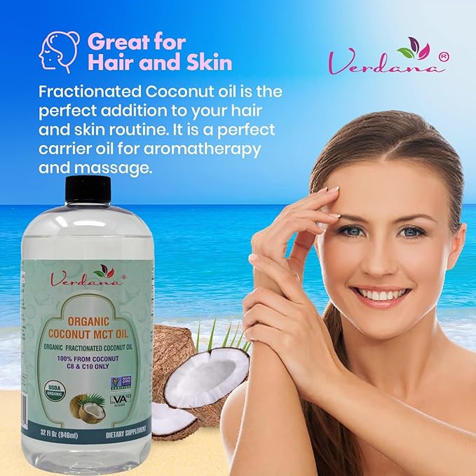 Verdana USDA Certified Organic Coconut MCT Oil –Fractionated Coconut Oil – No Palm Kernel Used – Kosher, Food Grade, Non-GMO – Great for Keto and Paleo Diets, Oil Pulling Rinse Mouthwash – 32 Fl Oz