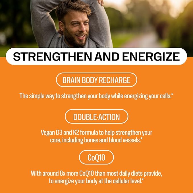 Vimergy Brain Body Recharge - Liquid Coq10 with Vitamin D3 & K2 (Coenzyme Q10 45mg, D3 1000IU, K2 180mcg) Co q 10 Supplement for Women, Men & Kids - Fights Fatigue – 55mL