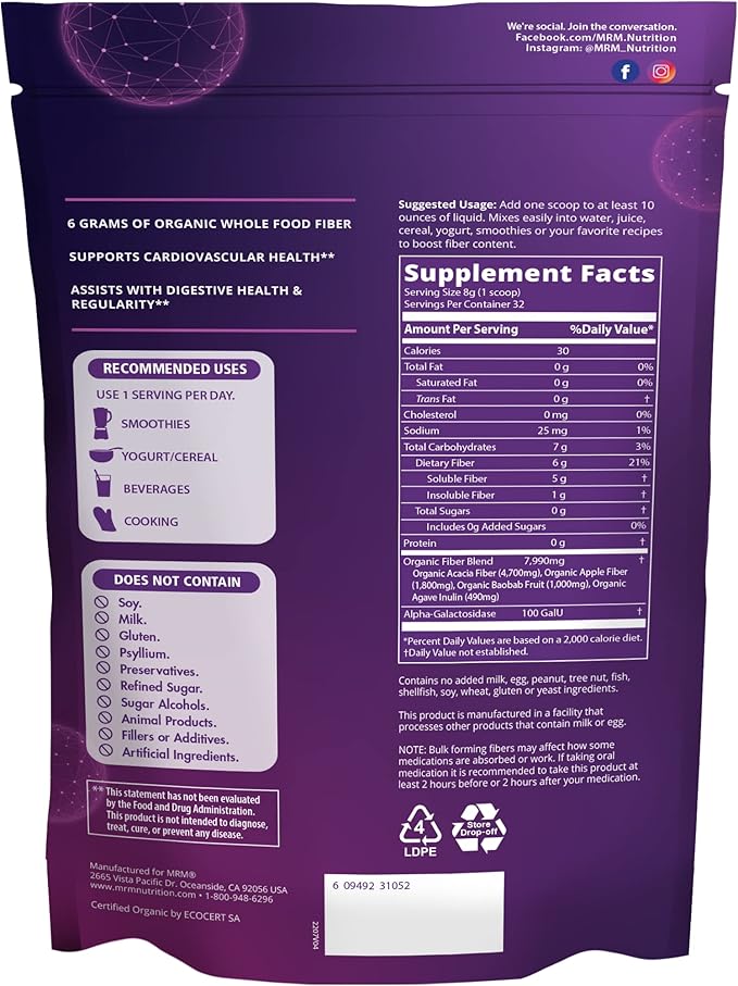 MRM Nutrition Whole Food Organic Fiber 6g fiber 32 servings