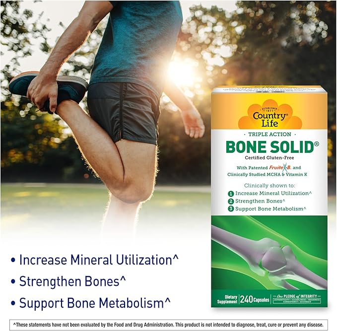 Country Life Bone Solid - Bone Health Supplement with Microcrystalline Hydroxyapatite (MCHA), Calcium, Magnesium, Zinc, Vitamins K2 & D3 for Enhanced Bone Strength & Metabolism - 240 Capsules