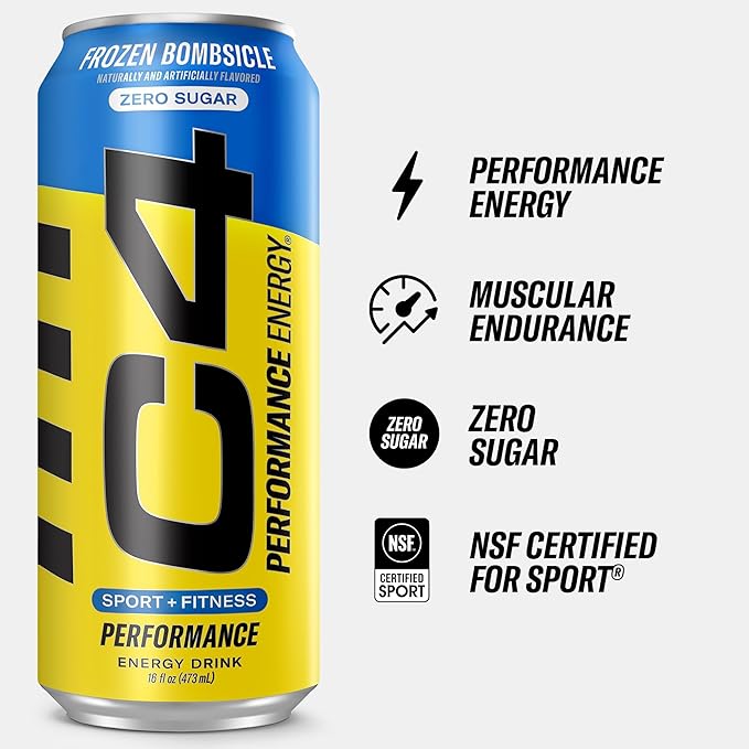 C4 Energy Drink 16oz (Pack of 12) - Frozen Bombsicle - Sugar Free Pre Workout Performance Drink with No Artificial Colors or Dyes